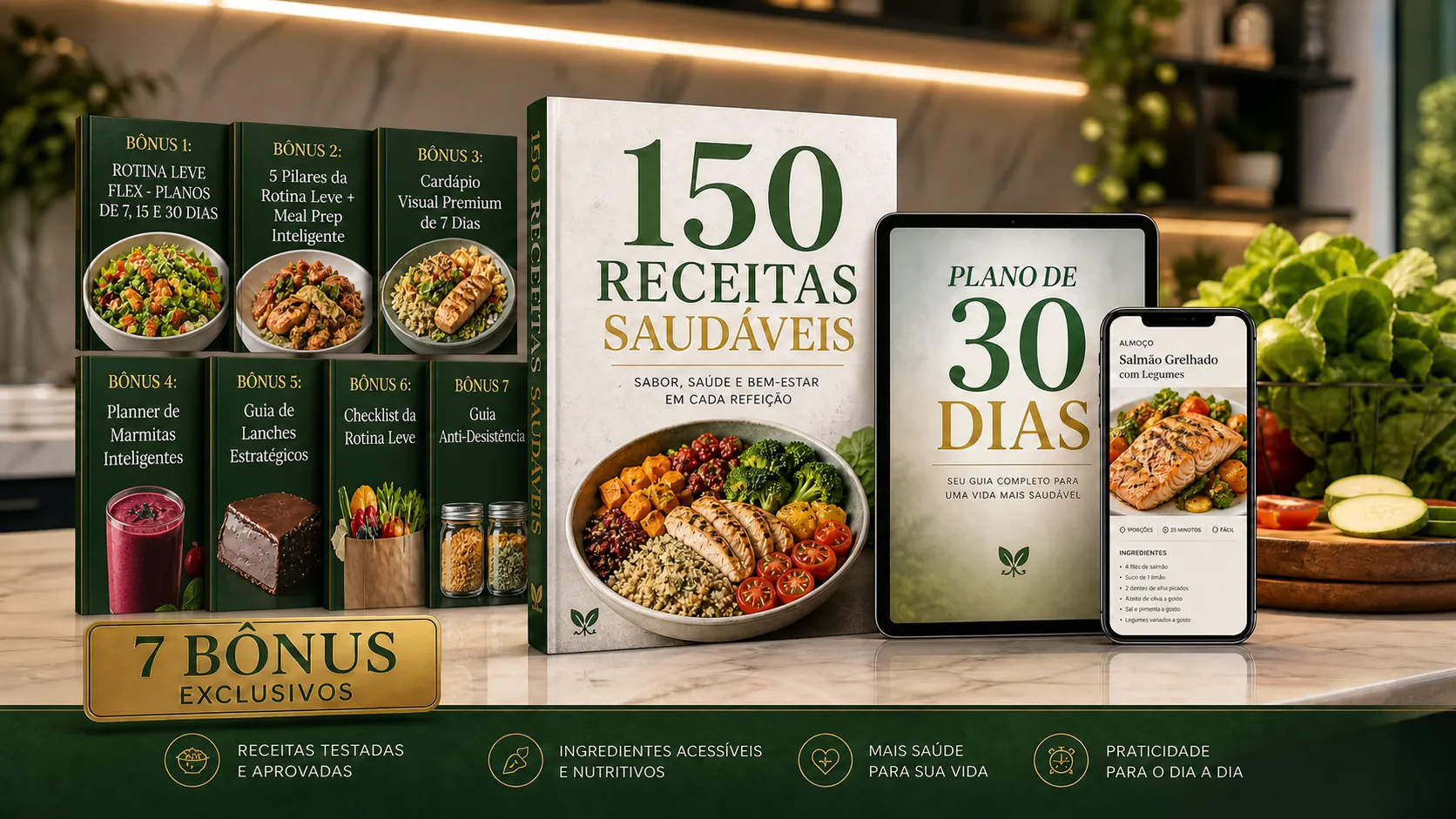 Pacote Completo: 150 Receitas + Plano 30 Dias + 7 Bônus